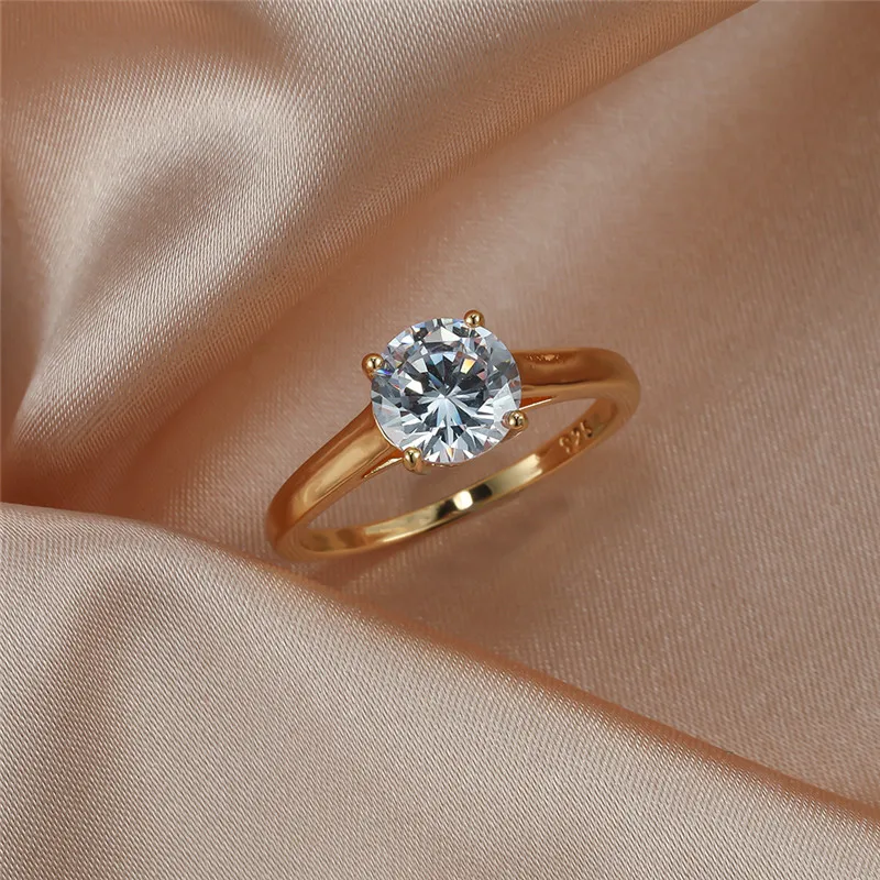 Female White Crystal Stone Jewelry Luxury Gold Color Wedding Rings For Women Luxury Round Zircon Engagement Thin Ring wedding rings round rings womens ring cubic zircon ring jewelry rings finger rings ring jewelry