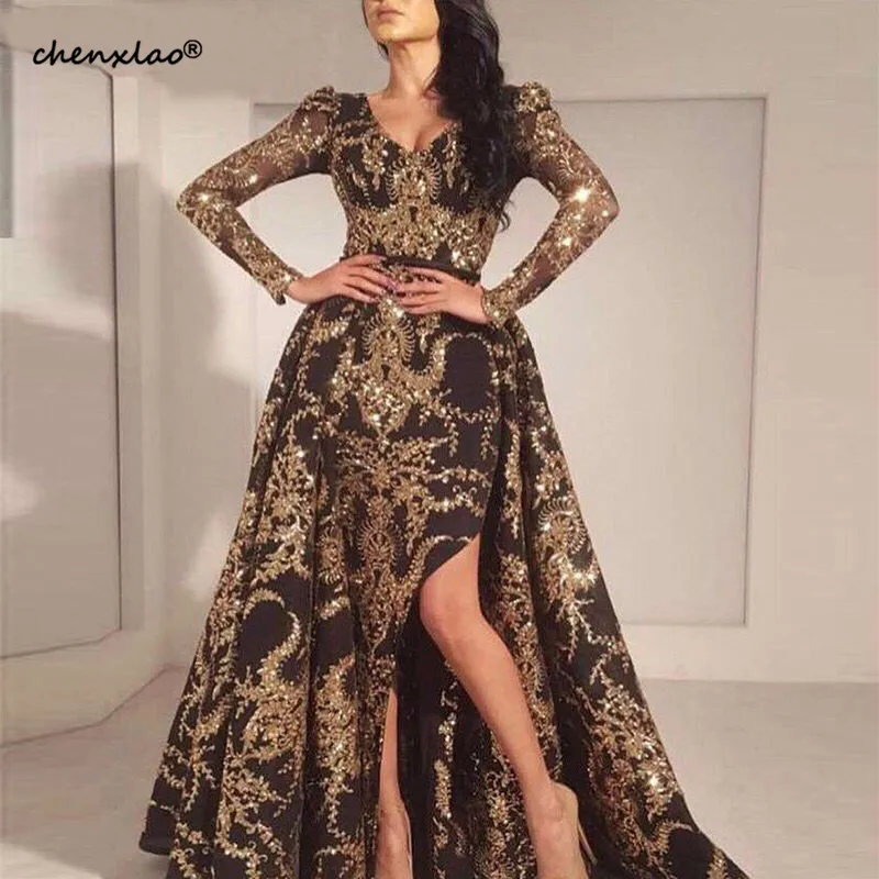 Glitter Gold Sequins Long Sleeves Arabic Evening Dress Detachable Train Black Dubai Kaftan Prom Dresses Long Formal Party Gowns