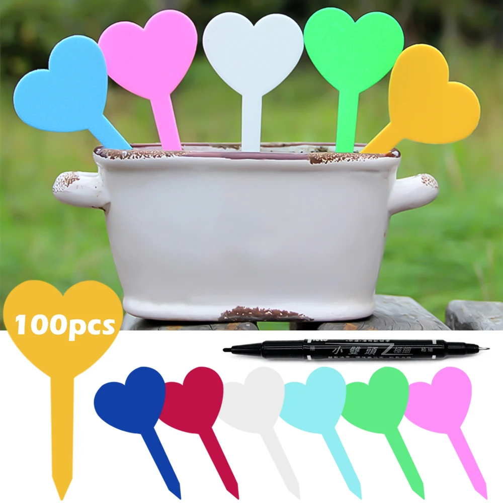 

100PCS Garden Labels Markers Gardening Waterproof Plastic Tags Heart-Shaped Plant Sign Writing Plate Board Plug