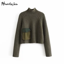 Huaxiafan, женский свитер, модный, водолазка, воротник, накладной карман, вязаный свитер, женский, осенний, Повседневный, свободный, пуловеры, шикарные топы