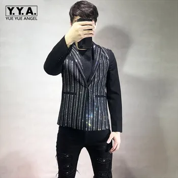 

Spring Autumn Brand New Male Striped Diamonds Blazer Gothic Fashion Casual Nightclub Wear Long Sleeve Slim Mens Outerwear Coats