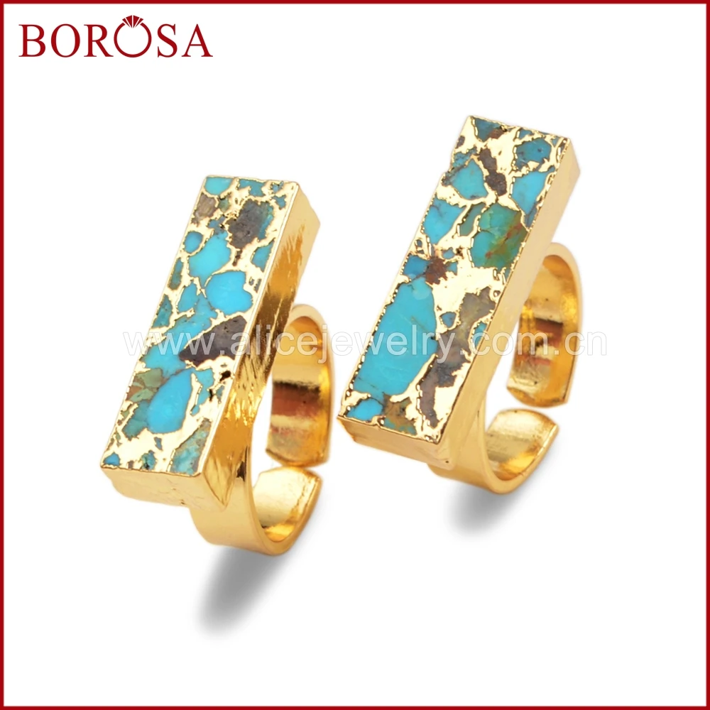 Женские кольца из натуральной бирюза BOROSA позолоченные медные с натуральным