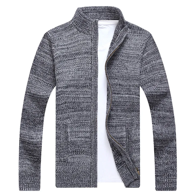 Winter Men's Fleece Knitted Cardigan Long Sleeve Warm Casual Sweater Coat Stand Collar Full Zipper Fashionable Jacket for Autumn - Color: gray