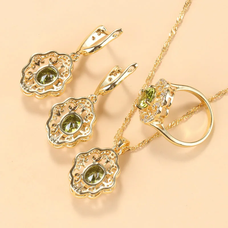 Bridal Jewelry Sets Crystal Jewelry Sets 10-Colors Cubic Zirconia Women Accessories 18K Gold Plated Olive Green Zirconia Charm Bracelet And Ring Jewelry Sets