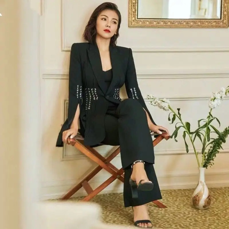 2 piece set black Модные черные женские блейзеры для подиума дизайнерские осенние зубчатые ошейник-веревка пирсинг костюм Блейзер уличная Раздвоенная вспышка рукав блейзер - Цвет: 2 piece set black