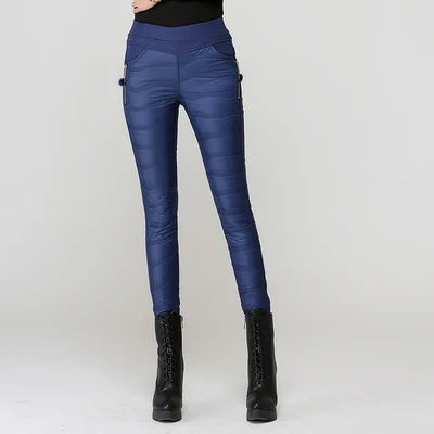 4XL, плюс размер, женские штаны, брюки, зимние, высокая талия, эластичная верхняя одежда, женские брюки, обтягивающие, тонкие, теплые, плотные, пуховые штаны - Цвет: Blue