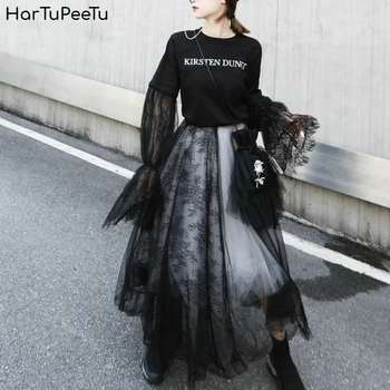 

Stylish Ball Gown Tulle Skirt Women High Waist Layered White Black Mesh Midi Skirt 2020 Summer Plus Size Patchwork Lace Floral