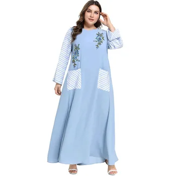 

TUHAO 2019 Vintage Ethnic Embroidery Maxi Dress Female Light Color Simple Striped Long Sleeve Dress Patchwork Large Sizes HC315