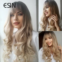 

ESIN Brown Wig with Bangs Medium Long Natural Wave Wigs for Women Side Part Synthetic Hair Party Daily Free Hairnet