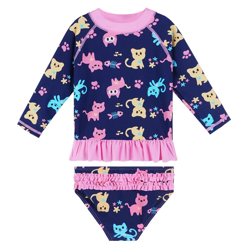 BAOHULU/милый мультяшный детский купальник; UPF50+ темно-розовый купальник с длинными рукавами и рюшами для девочек; купальные костюмы для малышей; пляжная одежда - Цвет: S311 Navy cat
