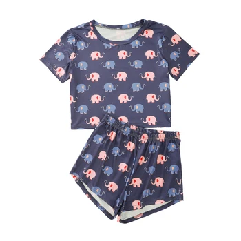 

Blue Cute Elephant Print Women Homewear Suits Two Piece Set Short Sleeve O Neck Tshirt Elastic Waist Bottom Sweet Pajama Sets