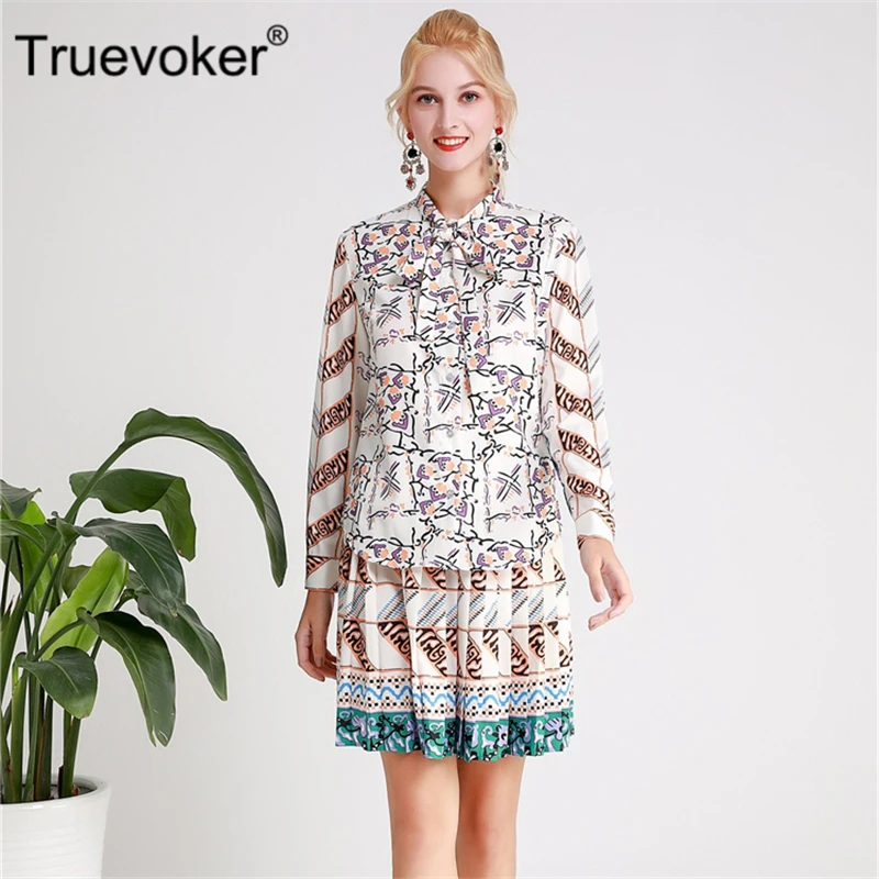 

Truevoker Autumn Designer Suit Set Women's Long Sleeve Vintage Ethnic Printed Blouses + Draped Skirt Suit Two Pieces Set