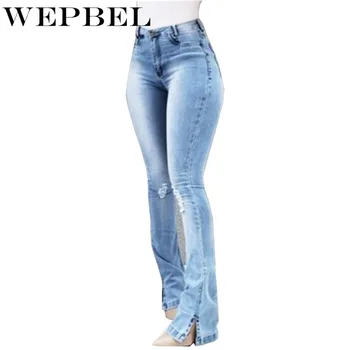 

WEPBEL Women Casual High Waist Denim Jeans Spring Autumn Stretch Slim Bell Bottom Pants Retro Flare Trousers