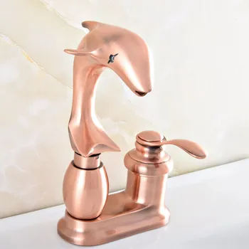 

Antique Red Copper Brass Swivel Spout Single Handle Cute Animal Dolphin Style Bathroom Kitchen Two Holes Faucet Mixer Tap msf837