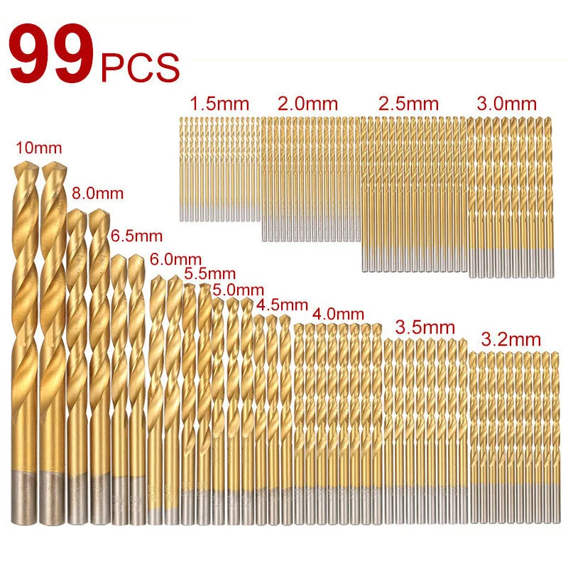 

99pcs Titanium Coated Twist Drill Bit High Speed Steel Straight Shank Twist Drill Bits Set 1.5mm-10mm Sturdy