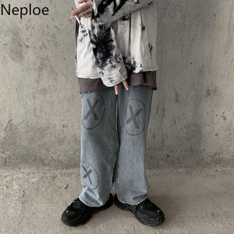 Noploe, корейские ретро уличные джинсы в стиле хип-хоп, весна-осень, с принтом, унисекс, прямые штаны, для мужчин и женщин, граффити, джинсовые штаны 80206