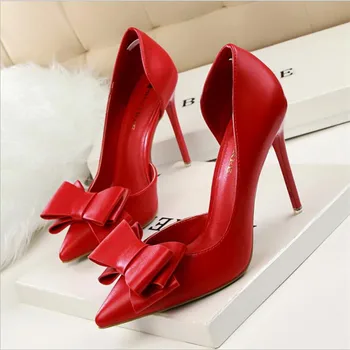 

2019 Fashion Delicate Sweet Bowknot High Heel Shoes Side Hollow Pointed Women Pumps Pointed Toe 10.5CM thin Dress Shoes