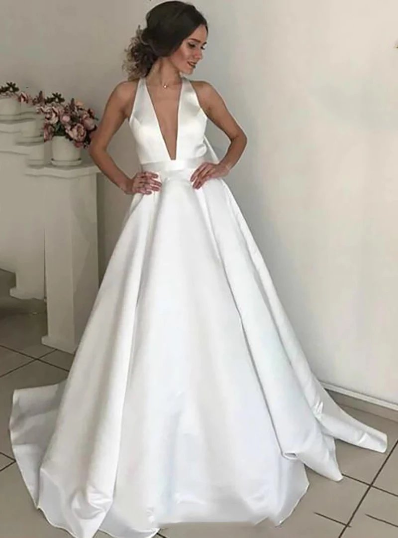 v neck a line satin wedding dress