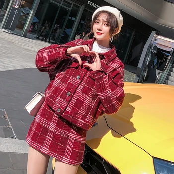 

High Quality Women 2 Piece Set Autumn Winter Red Plaid Wool Blends Tweed Single Breasted Jacket Coat + A Line Short Skirt Suits