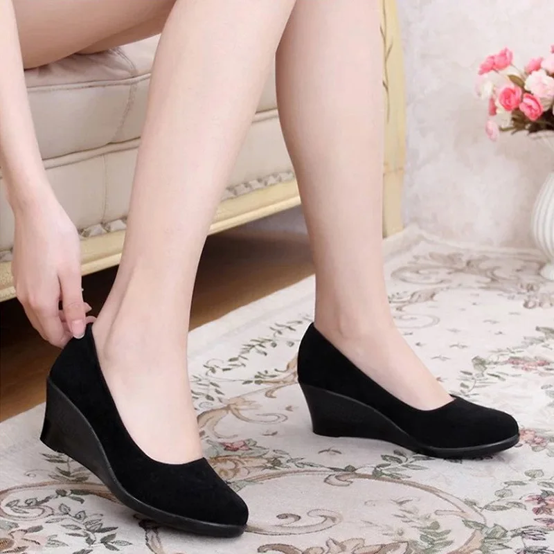 

Women High Heels Shoes Plus Size Platform Wedges Female Pumps Elegant Flock Buckle Bowtie Ankle Strap Party Wedding Shoes