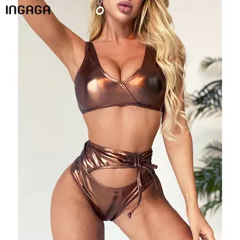 

INGAGA High Waist Bikinis 2020 Swimsuits Push Up Swimwear Women Gold Leather Biquini Sexy Cut Out Bikini Set Bathing Suits