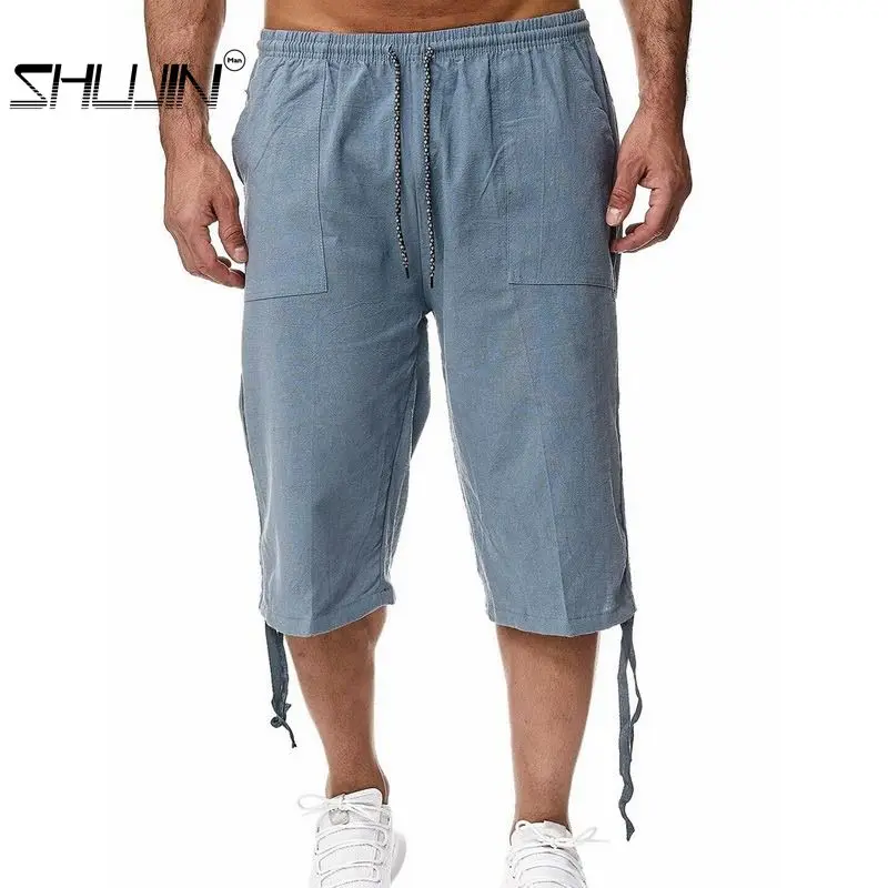 Los hombres pantalones de moda de verano Pantalones casuales cordón sólido Pantalones de cintura elástica de algodón de los hombres pantalones de lino