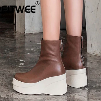 

FITWEE Thick Bottom Women Ankle Boots Fashion Real Leather Zipper Round Toe Shoes Women Casual Work Office Footwear Size 34-39