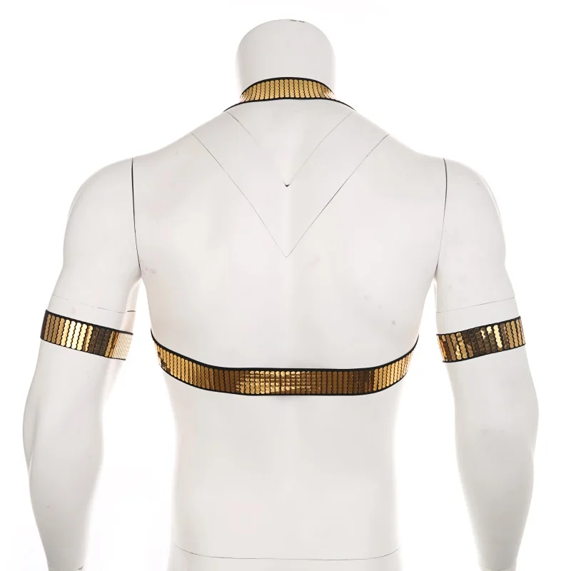CLEVER-MENMODE Sexy Men’s Golden Shiny Harness Halter Neck Elastic Straps Lingerie Body Chest Men Bondage For Nightclub -Zentai shop online H8c252183fad547e58ca328a1e87e7eedf.jpg