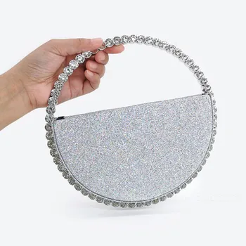 

2020 New Sequins Round Handle Rhinestone Dinner Clutch Purse Ladies Half Moon Handbag Fashion Colour Diamond Circular Evening Ba