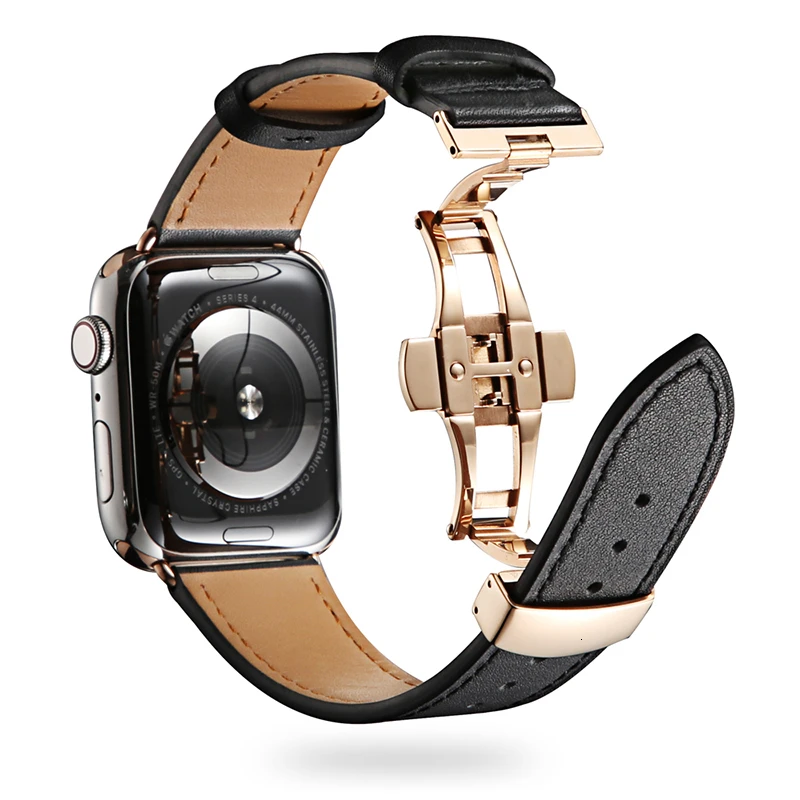 Ремешок из коровьей кожи для Apple Watch ремешок 44 мм браслет iwatch серия 5 4 3 2 1 Роскошная стальная пряжка 42 мм петля 38 мм Замена 40 мм - Цвет ремешка: Black RoseGold