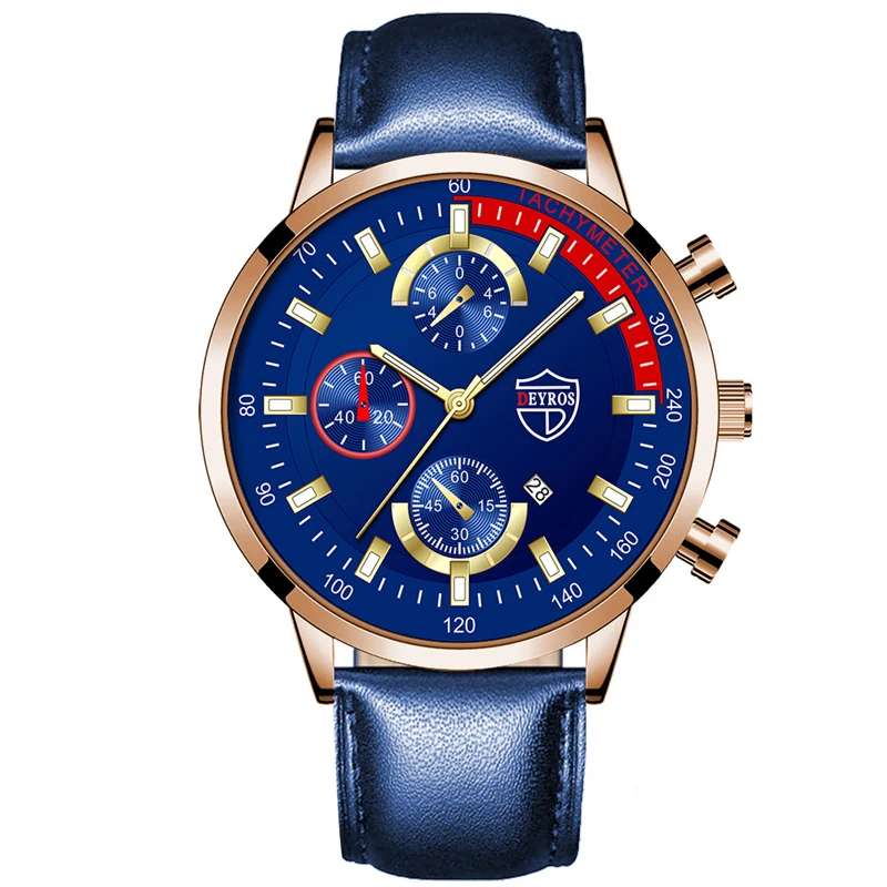 Luxury Mens Leather Watches Stainless Steel Fashion Calendar Quartz Wrist Watch Leather Bracelet Male Business Luminous Clock 