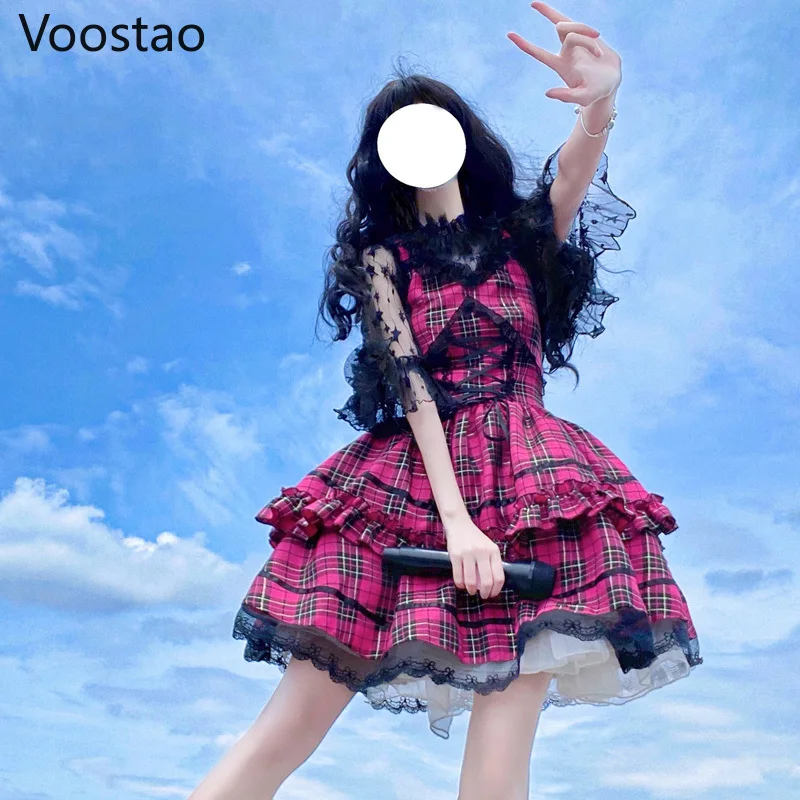 Comprar Vestidos De Verão Para As Mulheres Xadrez 2021 Kawaii Cor-de-rosa  Roupas De Manga Curta Cinta Midi Vestido Lolita Harajuku Cottagecore Manto  Y2k \ Roupas femininas 