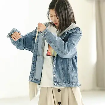 

2019 New Detachable Hooded Denim Jacket Women Front Pockets Jean Coat Female Spring Autumn Boyfriend Denim Jackets