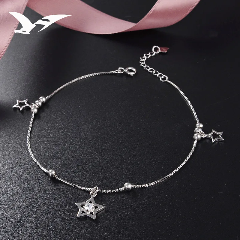 

S925 Fine Silver Anklet Ethnic-Style Fashion Star Beads Anklet Women's Simple Hipster Silver Anklet