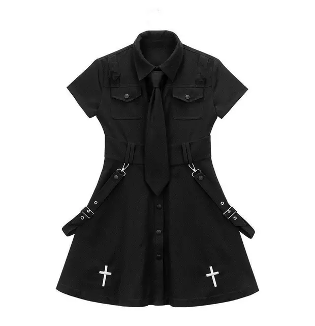 QWEEK Goth Dress Punk Gothic Harajuku Summer Black Mini Dress Shirt Women 2021 Short Sleeve Emo Clothes Mall Goth Dark Academia 6