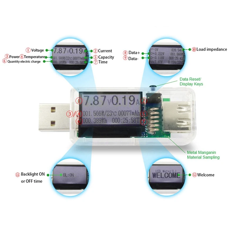 12 в 1 Usb Тестер Dc Цифровой вольтметр напряжение измеритель тока Амперметр детектор power Bank индикатор зарядного устройства прозрачный корпус Wh