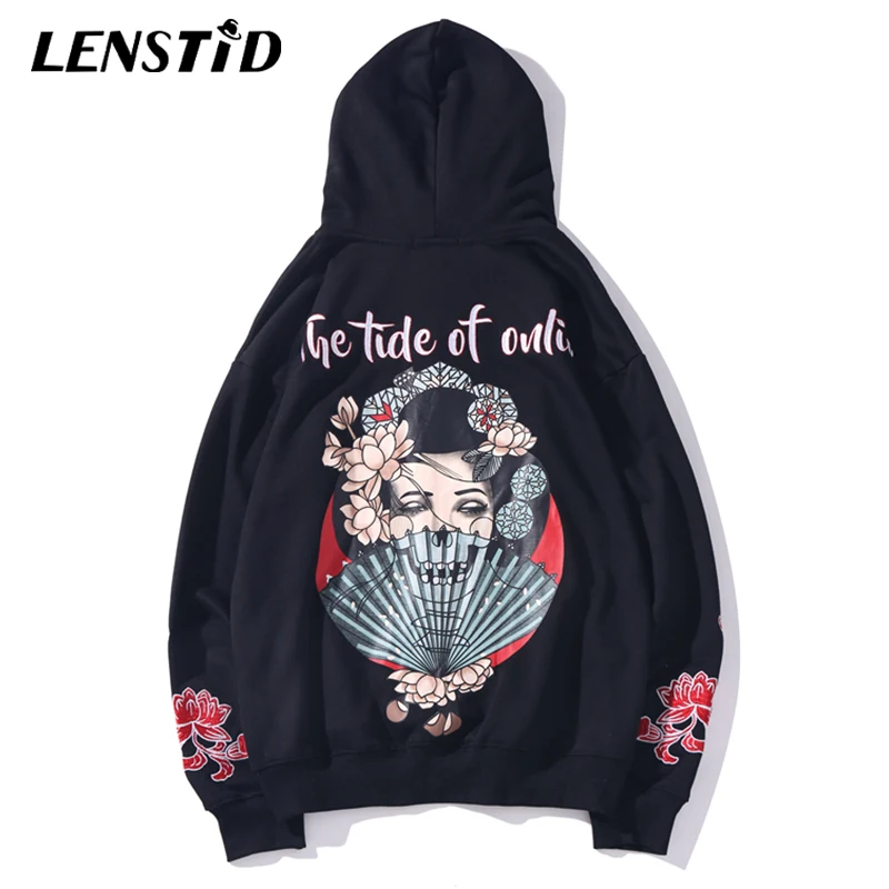 

LENSTID 2019 Harajuku Urban Streetwear Embroidery Sweatshirts Men Japanese Style Ukiyo E Geisha Hip Hop Hipster Pullover Hoodies