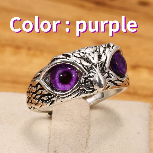 YADELAI Charming Fashion Owl Ring Vintage Man and Women Alloy Blue Eyes Owl Ring Versatile Argent  Adjustable Creativering Ring 6564 purple eyes