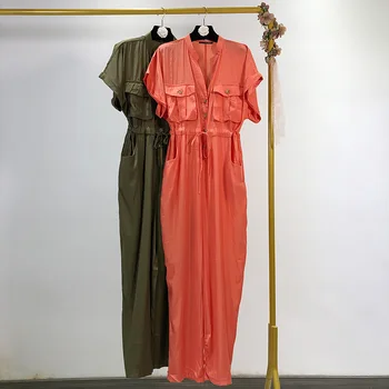 

2020 Summer New Women's Work Clothes Wind Jumpsuit V-neck Short Sleeve Pocket Drawstring Waist Jumpsuit Women