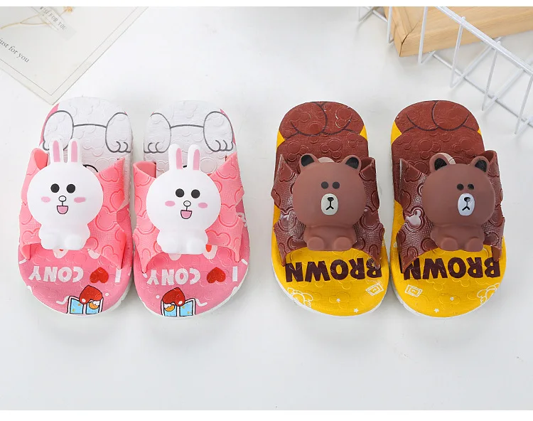 Детская домашняя обувь; Противоскользящие тапочки для девочек и мальчиков; домашняя пляжная обувь для маленьких мальчиков и девочек; Детская домашняя обувь; От 1 до 9 лет с объемным рисунком медведя и кролика