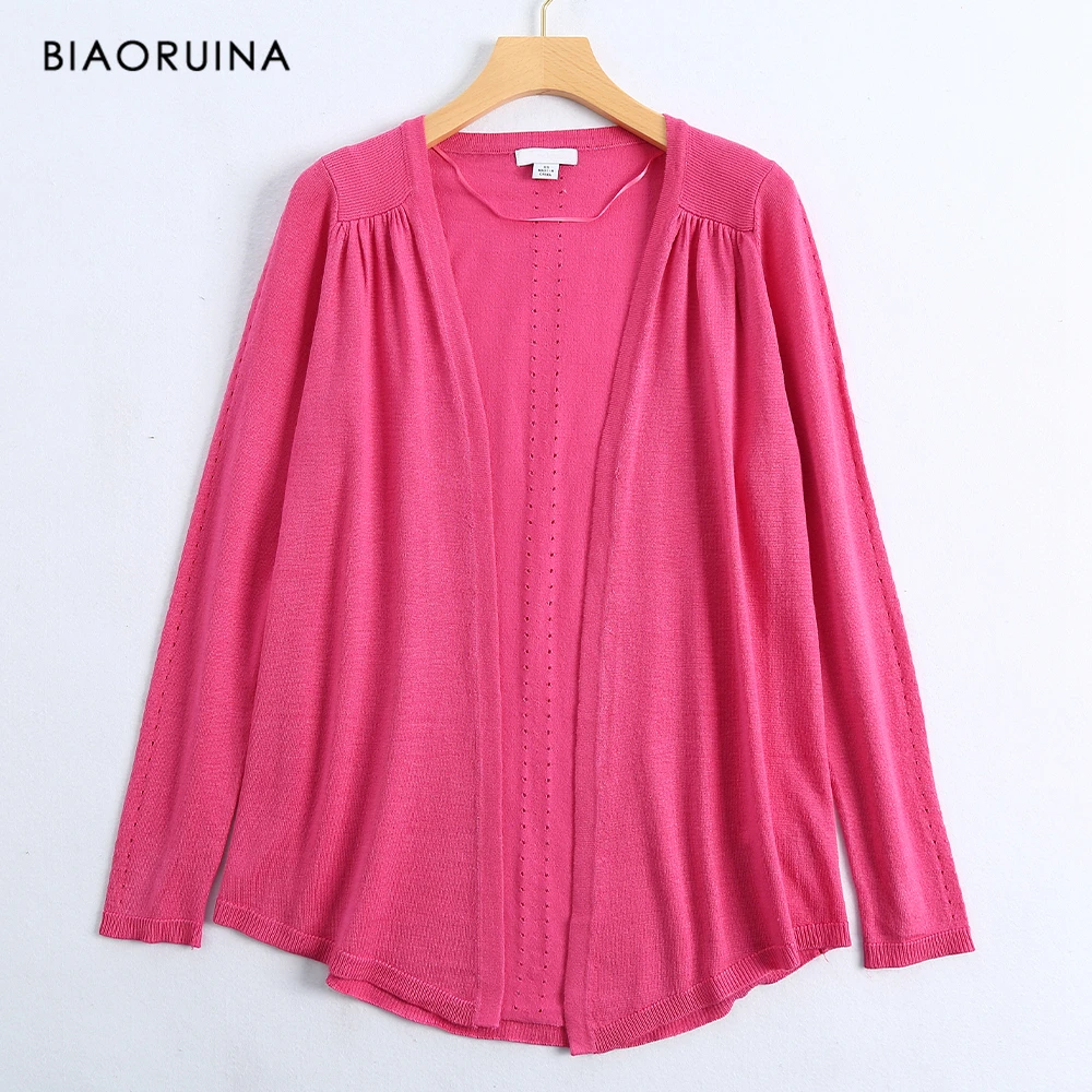 

BIAORUINA Women's Rose Color Hallow Out Elegant Knitted Cardigans Female Casual Thin Sweater All-match Outerwear