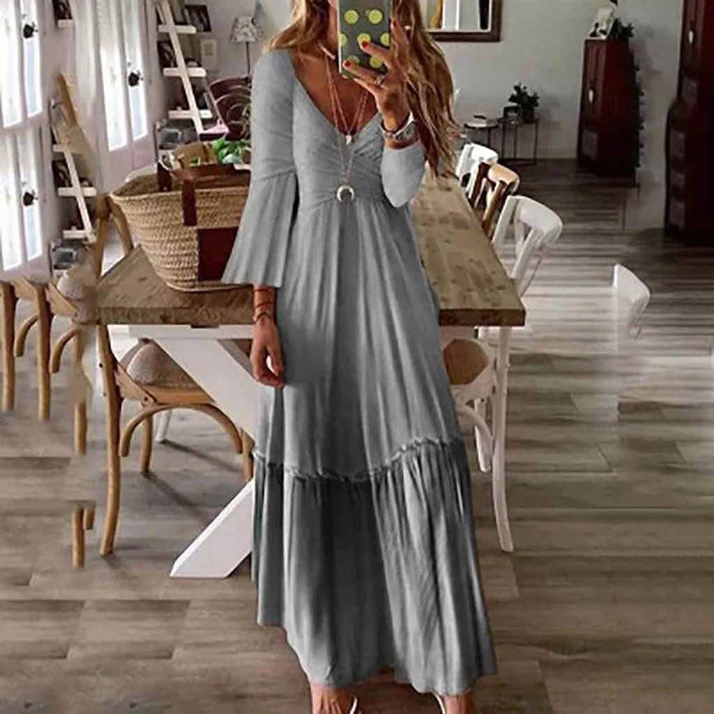 

Womens Autumn Ruffles Maxi Long Dress Sexy Casual High Waist Solid V Neck Party Club Long Vintag Dresses Female Vestidos 2019