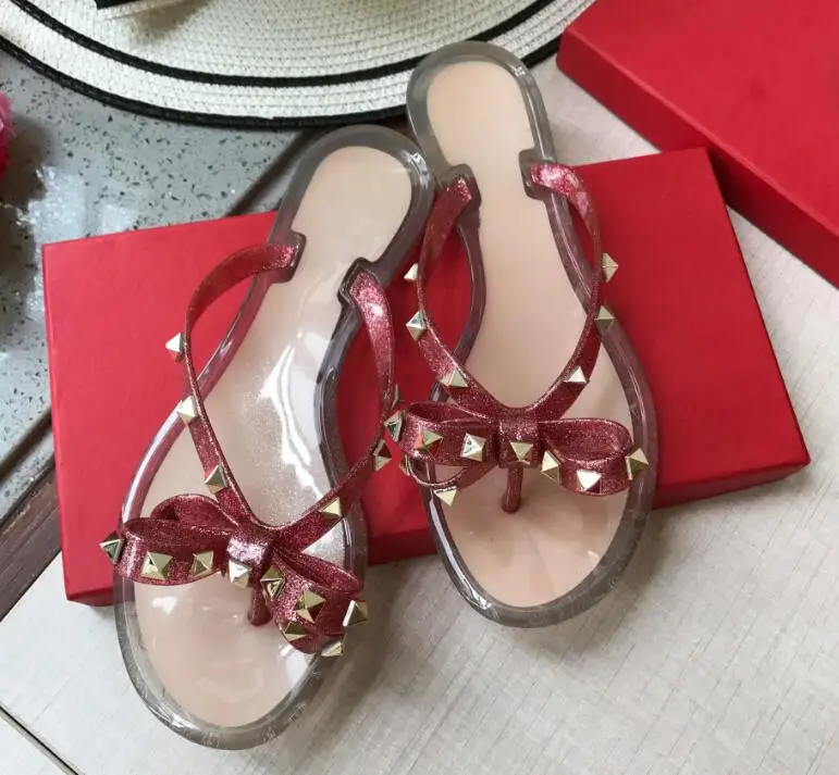Summer Beach Sandals Woman Flip Flops PVC Slides Female Sandals Rivet Bowknot Slip on Flat with Women Studs Slippers Jelly Shoes