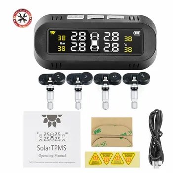 

USB Or Solar Charging Car TPMS Tire Pressure Monitoring System HD Digital LCD Display Auto Alarm tool Wireless 4 External Sensor