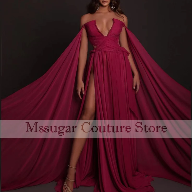 

Женское вечернее платье-русалка, бордовое плиссированное платье с открытыми плечами и высоким разрезом, для выпускного вечера, 2021