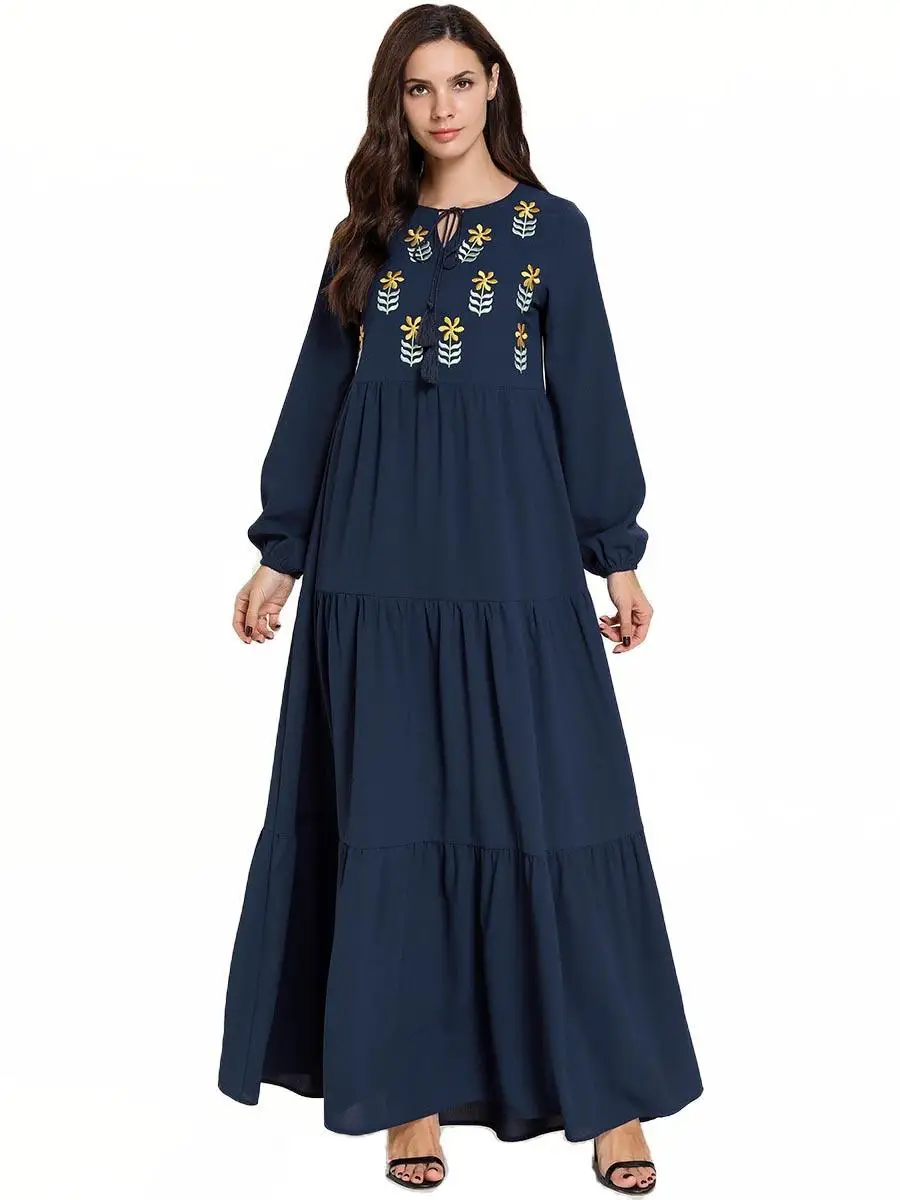 Женское длинное платье abaya Embrodiery, исламские вечерние коктейльные платья, мусульманское платье с длинным рукавом, Драпированное дизайнерское арабское платье на шнурке