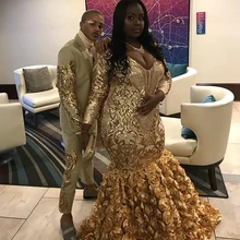 Африканская темнокожая девушка размера плюс длинное платье выпускного вечера es потрясающее V = шеи с длинным рукавом 3D цветы Золото Русалка платье выпускного вечера