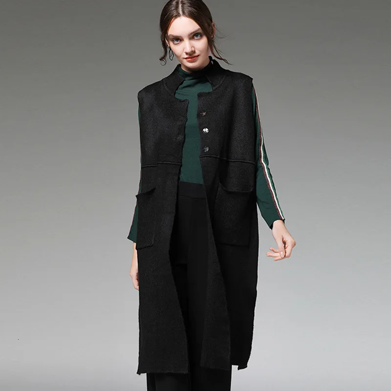 

MEVGOHOT 2019 Autumn New Woman Solid Sleeveless Buttons Pockets Plus Size Long Knitted Vest Loose Femme Knitting Vestido HC011