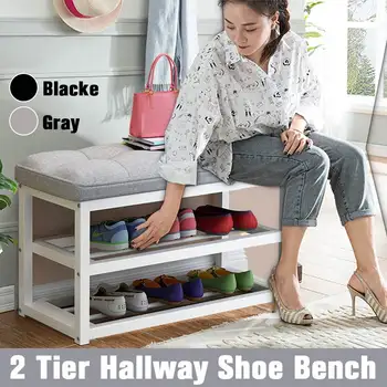 

2 Tier Shoe Storage Stool Living Room Shoe Rack Hallway Simple Change Shoe Bench Organizer Flax/Leather Cushion Shoes Cabinet