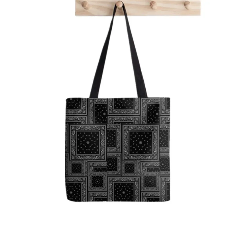 

2021 Shopper Bandana Black grid Flower Print Tote Bag women Harajuku shopper handbag girl Shoulder shopping bag Lady Canvas Bag